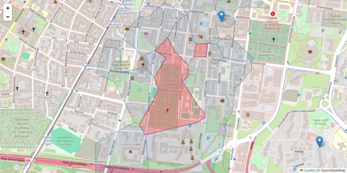 Szczegółowa mapa kodu pocztowego 40-039 z granicami, sąsiednimi kodami pocztowymi i urzędami pocztowymi