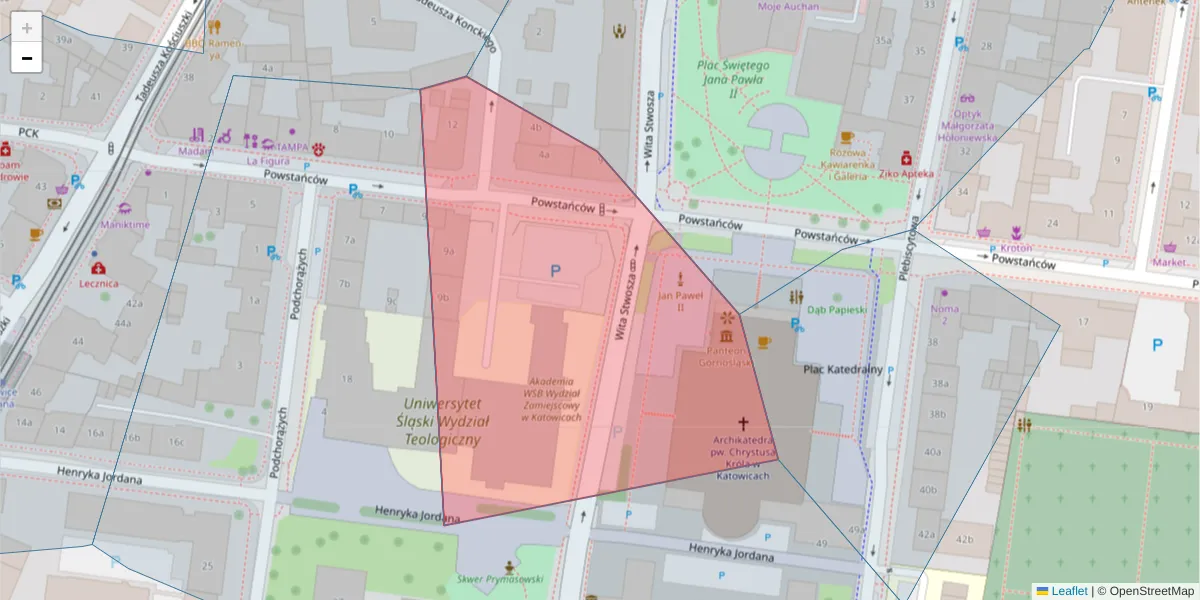 Szczegółowa mapa kodu pocztowego 40-040 z granicami, sąsiednimi kodami pocztowymi i urzędami pocztowymi