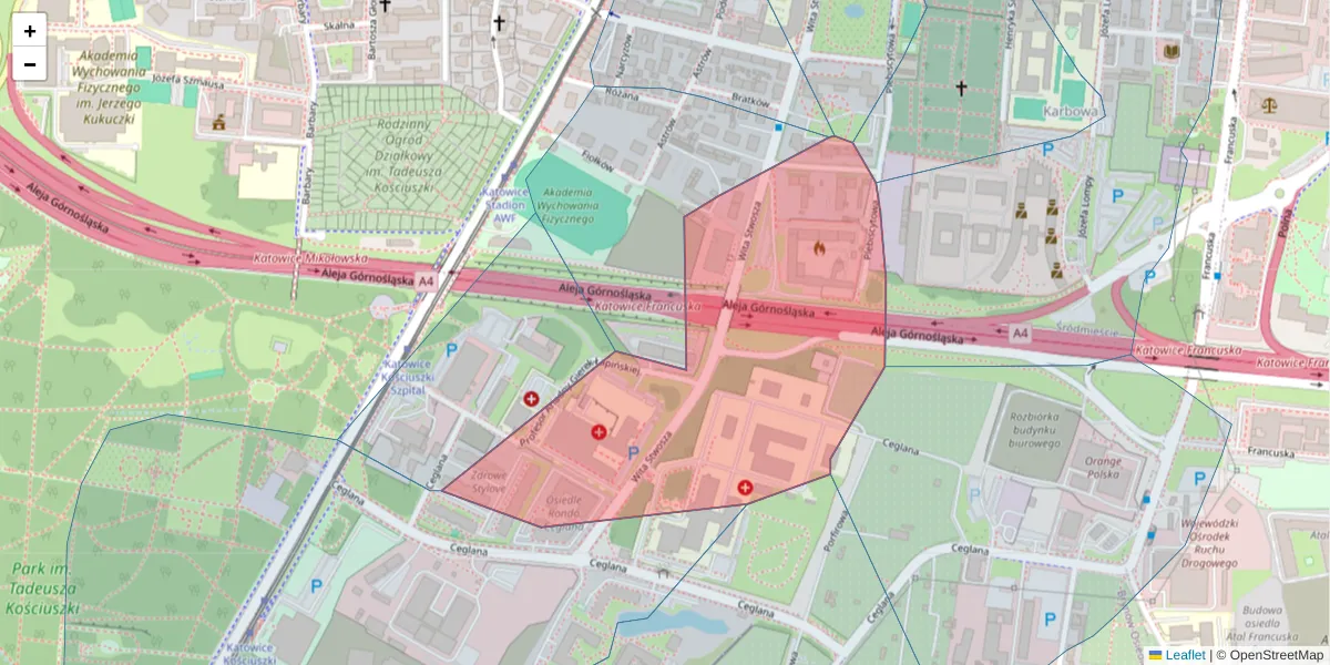 Szczegółowa mapa kodu pocztowego 40-042 z granicami, sąsiednimi kodami pocztowymi i urzędami pocztowymi