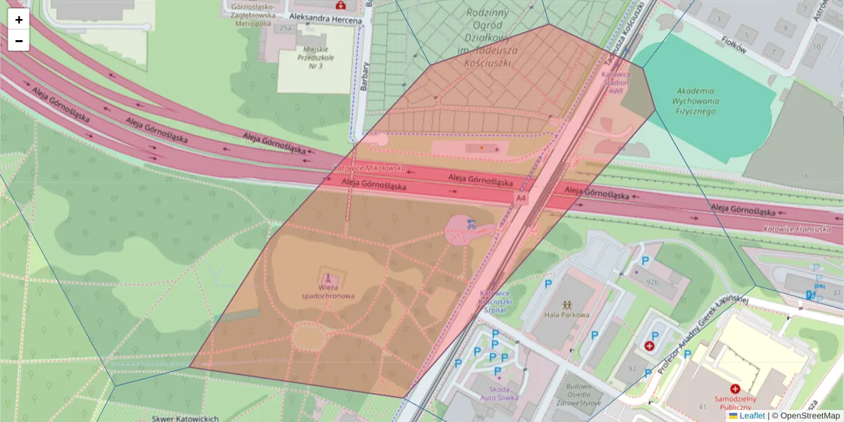 Szczegółowa mapa kodu pocztowego 40-047 z granicami, sąsiednimi kodami pocztowymi i urzędami pocztowymi