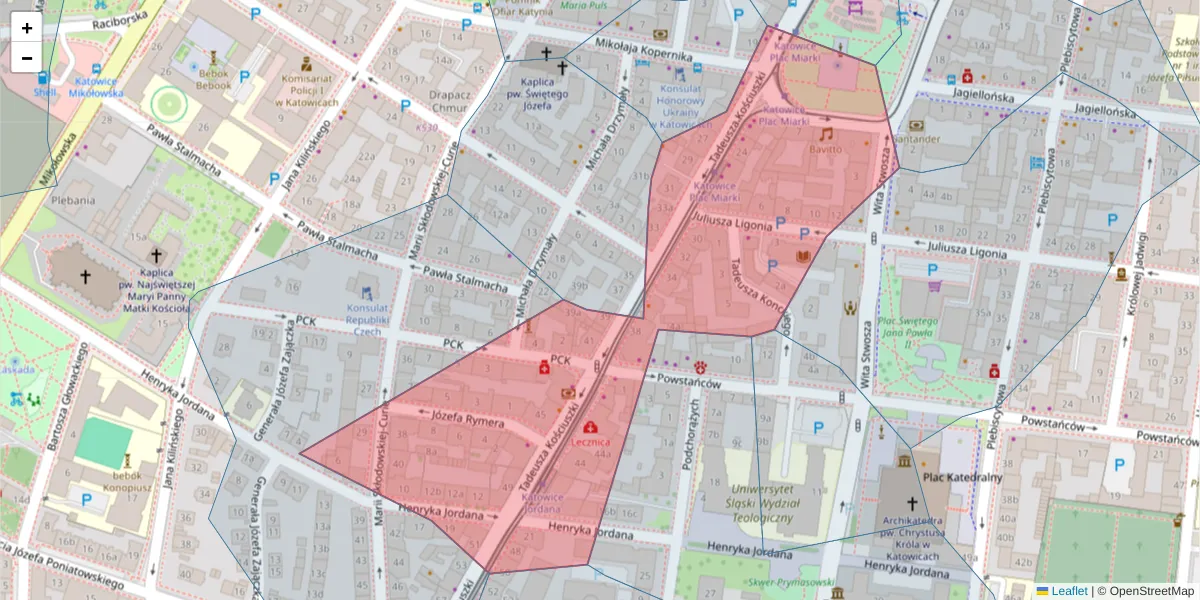 Szczegółowa mapa kodu pocztowego 40-048 z granicami, sąsiednimi kodami pocztowymi i urzędami pocztowymi