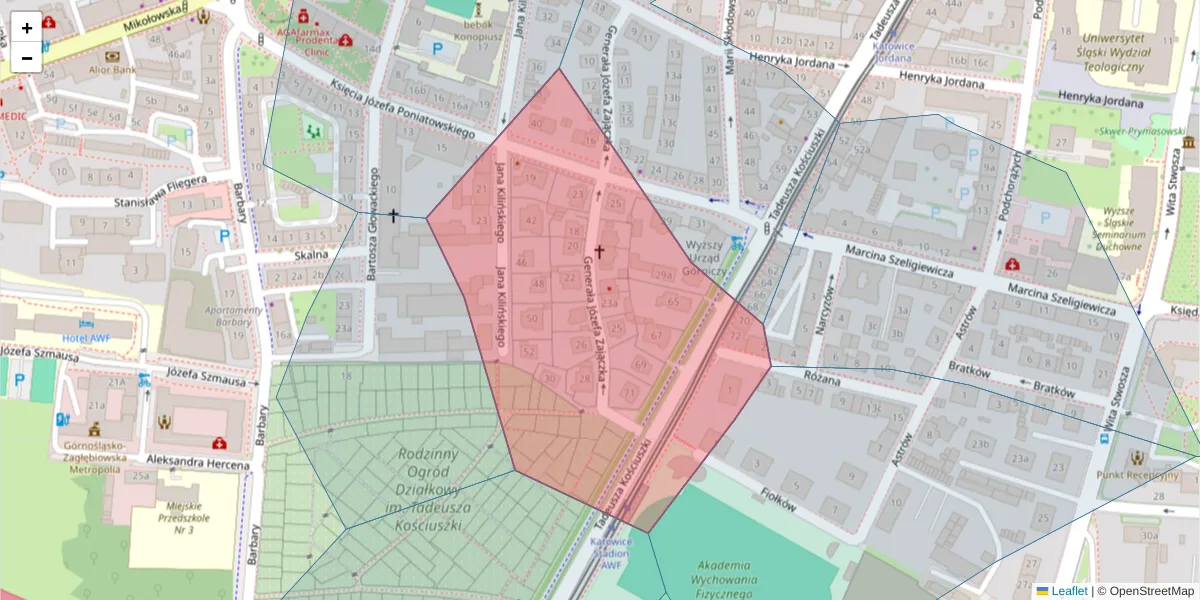 Szczegółowa mapa kodu pocztowego 40-050 z granicami, sąsiednimi kodami pocztowymi i urzędami pocztowymi