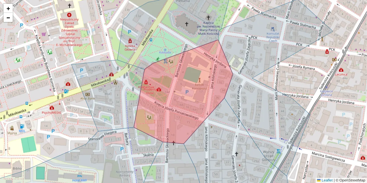 Szczegółowa mapa kodu pocztowego 40-055 z granicami, sąsiednimi kodami pocztowymi i urzędami pocztowymi