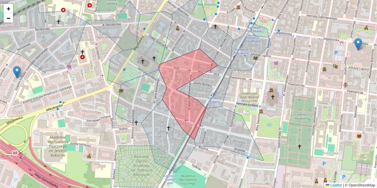 Szczegółowa mapa kodu pocztowego 40-057 z granicami, sąsiednimi kodami pocztowymi i urzędami pocztowymi