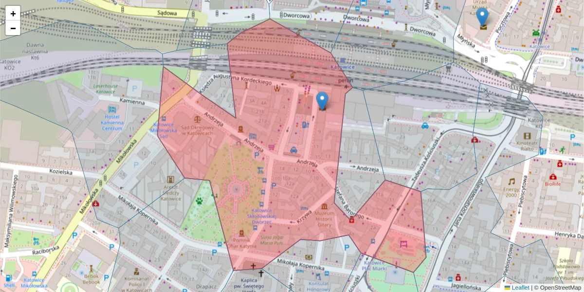 Szczegółowa mapa kodu pocztowego 40-061 z granicami, sąsiednimi kodami pocztowymi i urzędami pocztowymi