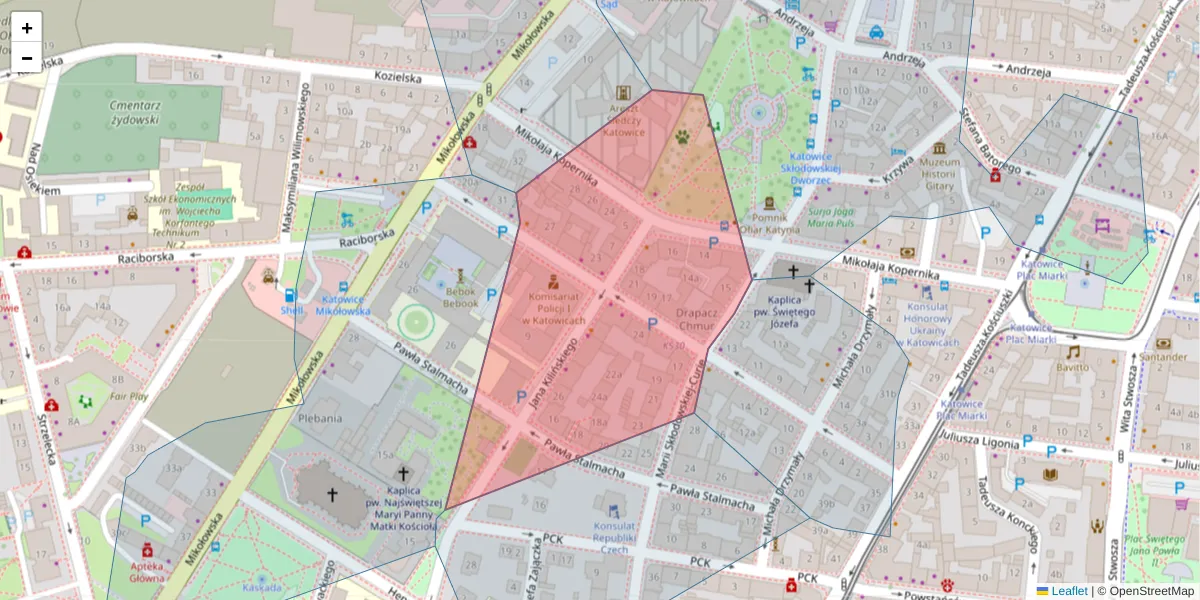 Szczegółowa mapa kodu pocztowego 40-062 z granicami, sąsiednimi kodami pocztowymi i urzędami pocztowymi
