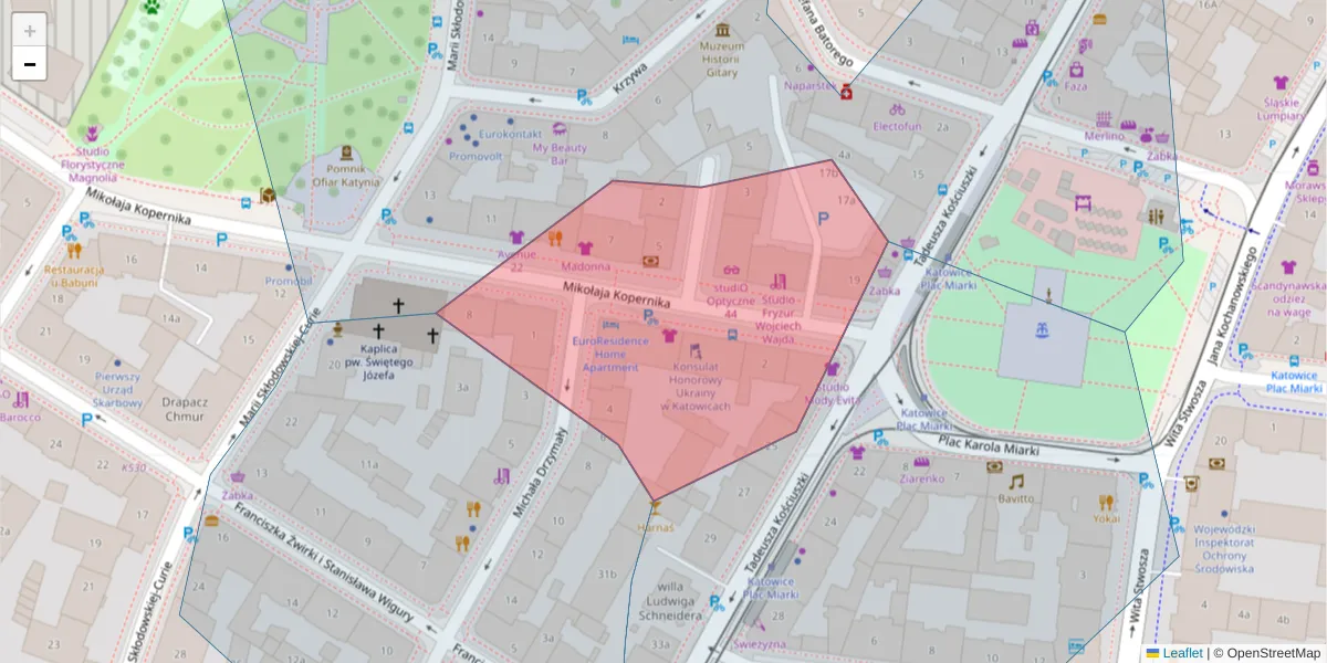 Szczegółowa mapa kodu pocztowego 40-064 z granicami, sąsiednimi kodami pocztowymi i urzędami pocztowymi