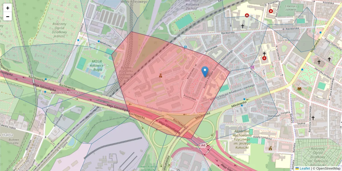 Szczegółowa mapa kodu pocztowego 40-068 z granicami, sąsiednimi kodami pocztowymi i urzędami pocztowymi
