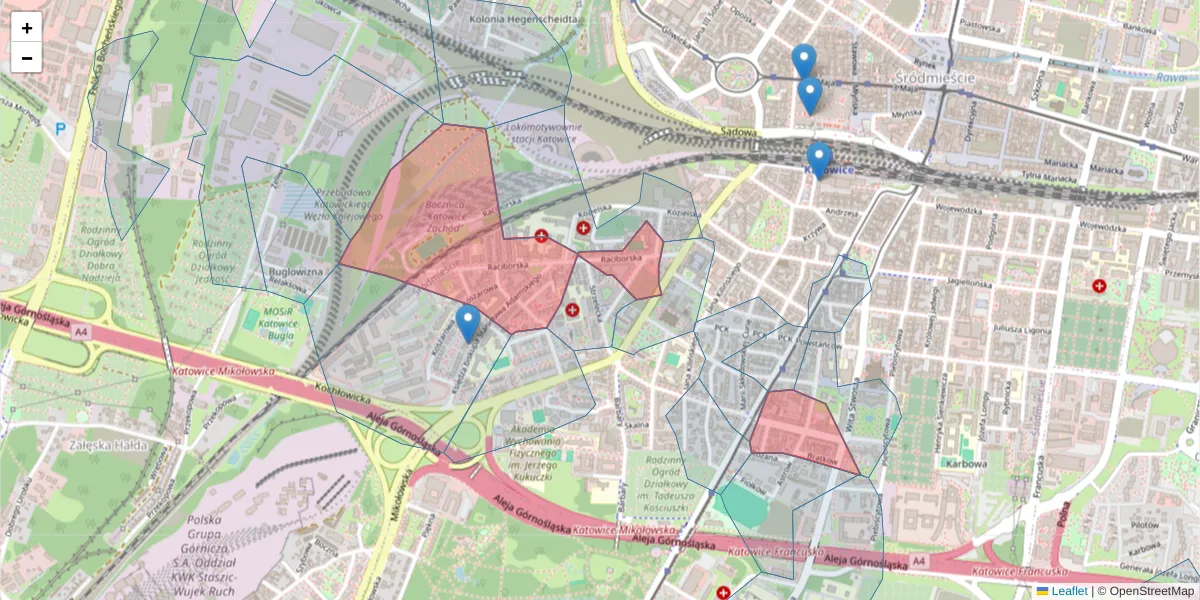 Szczegółowa mapa kodu pocztowego 40-074 z granicami, sąsiednimi kodami pocztowymi i urzędami pocztowymi