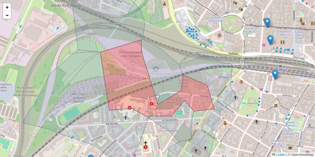 Szczegółowa mapa kodu pocztowego 40-076 z granicami, sąsiednimi kodami pocztowymi i urzędami pocztowymi
