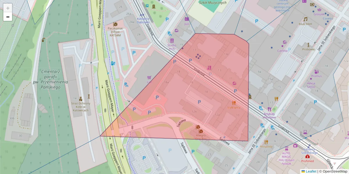 Szczegółowa mapa kodu pocztowego 40-079 z granicami, sąsiednimi kodami pocztowymi i urzędami pocztowymi