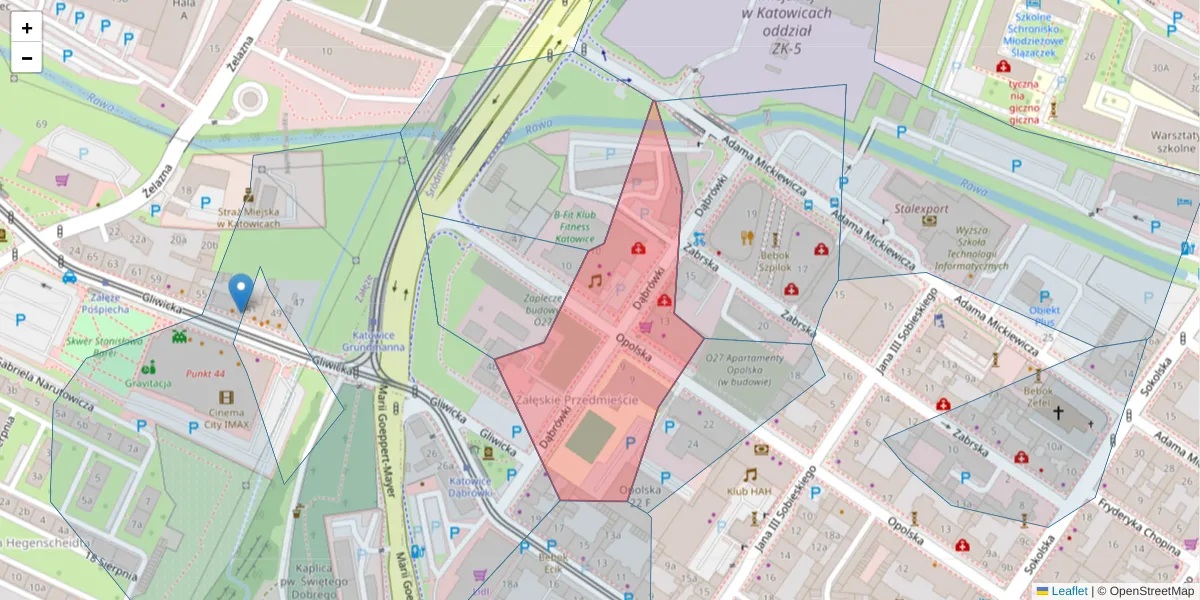 Szczegółowa mapa kodu pocztowego 40-081 z granicami, sąsiednimi kodami pocztowymi i urzędami pocztowymi