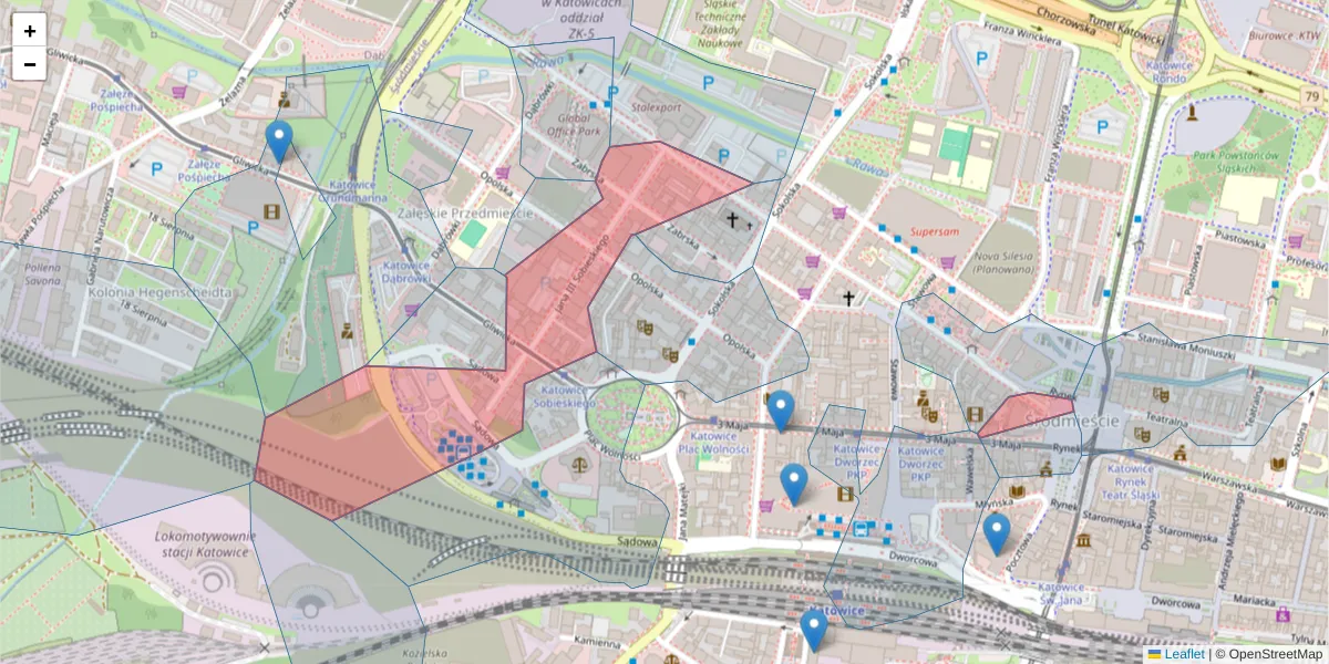 Szczegółowa mapa kodu pocztowego 40-082 z granicami, sąsiednimi kodami pocztowymi i urzędami pocztowymi