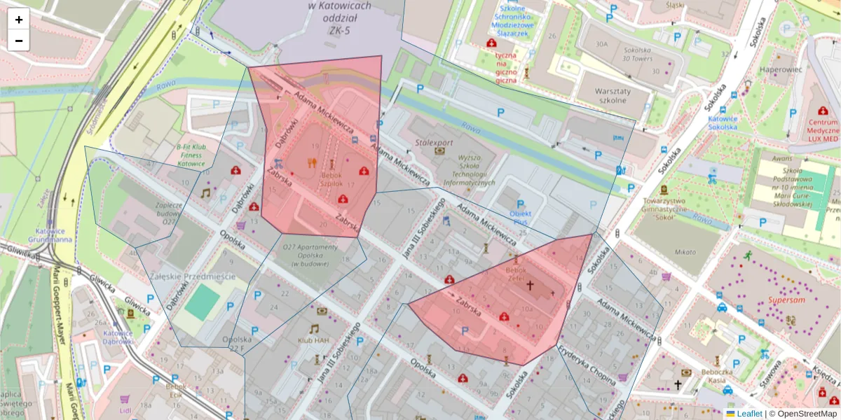 Szczegółowa mapa kodu pocztowego 40-083 z granicami, sąsiednimi kodami pocztowymi i urzędami pocztowymi