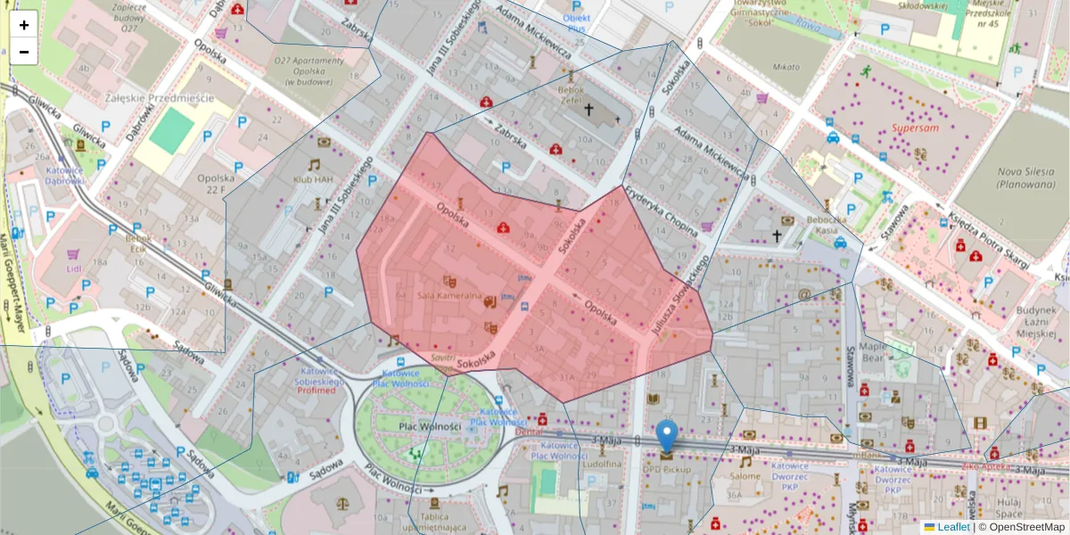 Szczegółowa mapa kodu pocztowego 40-084 z granicami, sąsiednimi kodami pocztowymi i urzędami pocztowymi