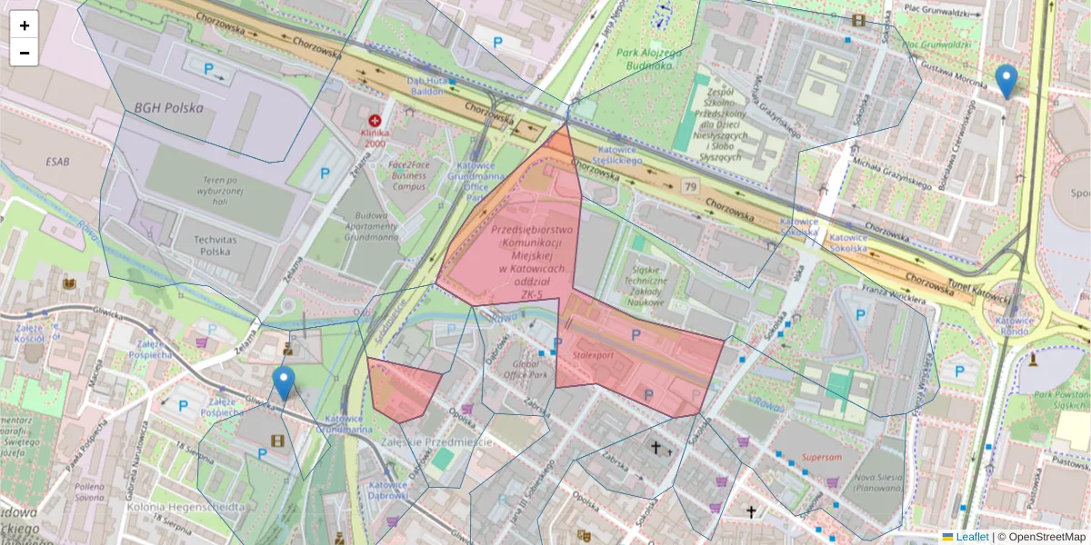Szczegółowa mapa kodu pocztowego 40-085 z granicami, sąsiednimi kodami pocztowymi i urzędami pocztowymi
