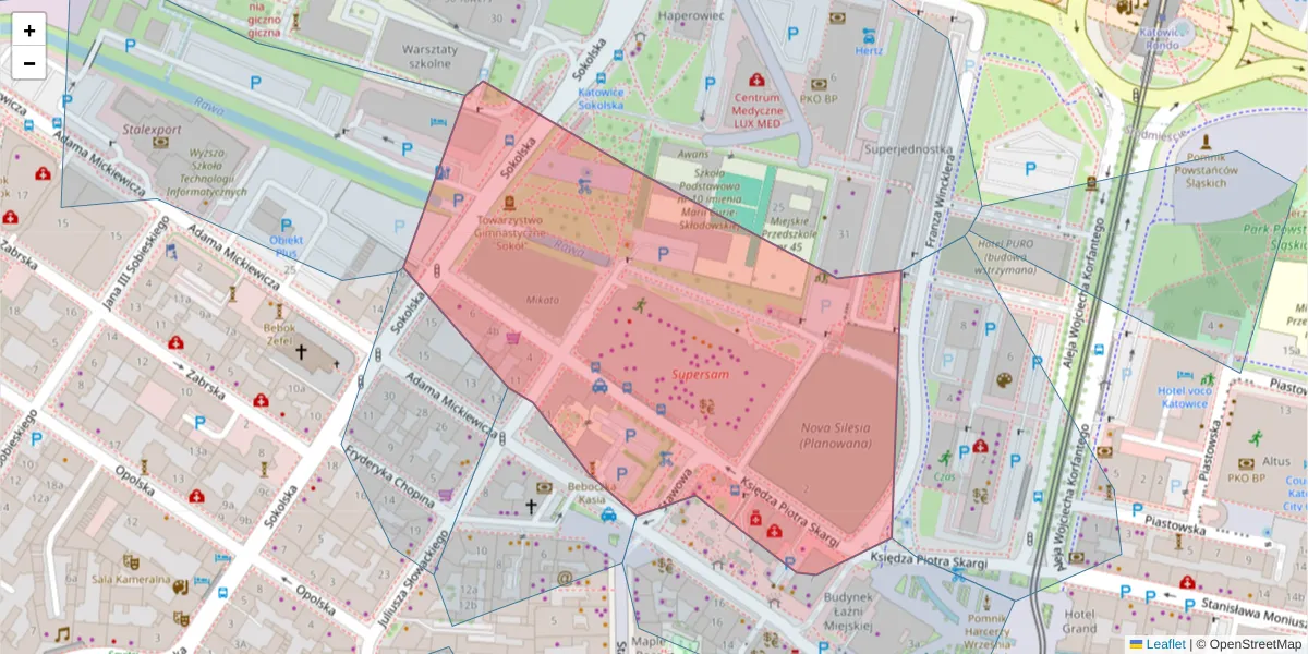 Szczegółowa mapa kodu pocztowego 40-091 z granicami, sąsiednimi kodami pocztowymi i urzędami pocztowymi