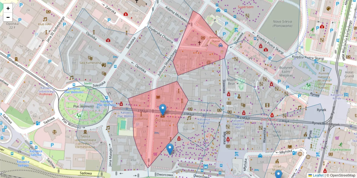 Szczegółowa mapa kodu pocztowego 40-093 z granicami, sąsiednimi kodami pocztowymi i urzędami pocztowymi