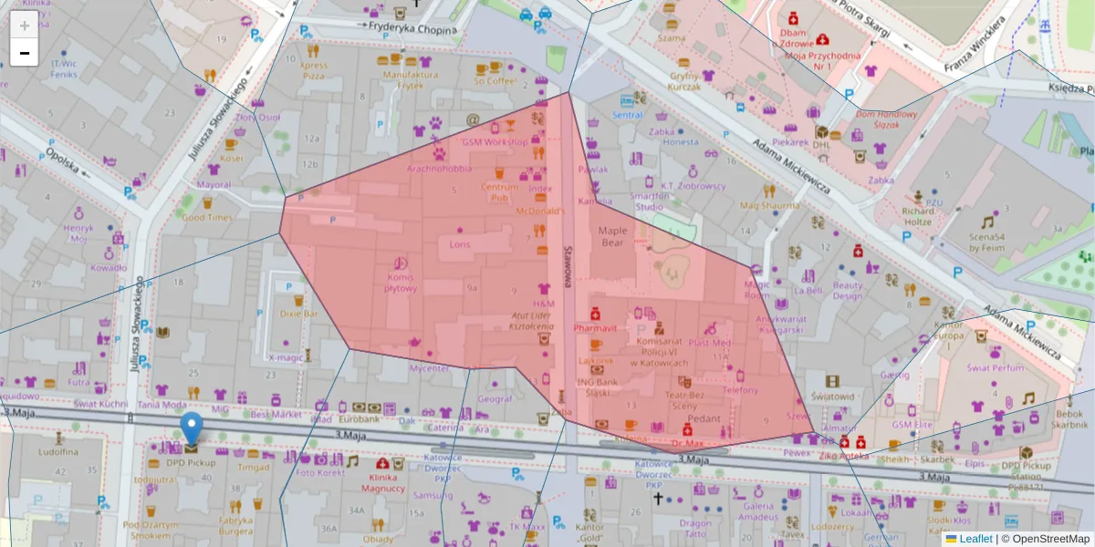 Szczegółowa mapa kodu pocztowego 40-095 z granicami, sąsiednimi kodami pocztowymi i urzędami pocztowymi