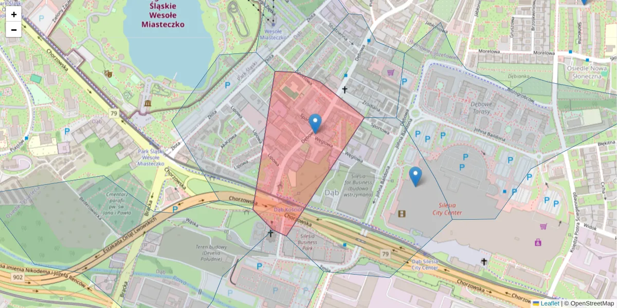 Szczegółowa mapa kodu pocztowego 40-105 z granicami, sąsiednimi kodami pocztowymi i urzędami pocztowymi