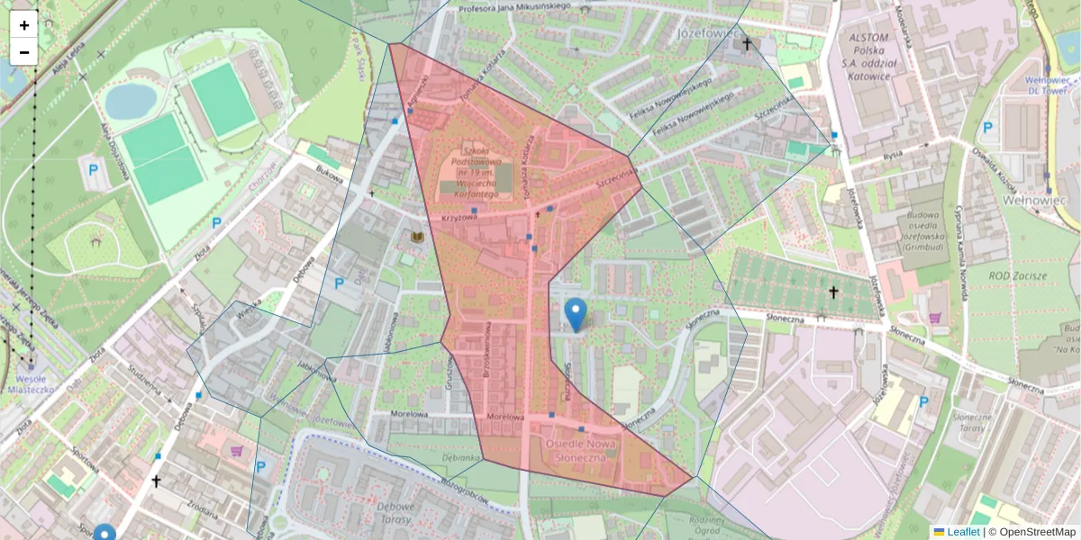Szczegółowa mapa kodu pocztowego 40-111 z granicami, sąsiednimi kodami pocztowymi i urzędami pocztowymi