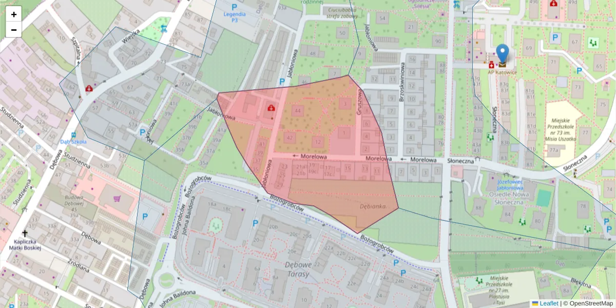 Szczegółowa mapa kodu pocztowego 40-112 z granicami, sąsiednimi kodami pocztowymi i urzędami pocztowymi