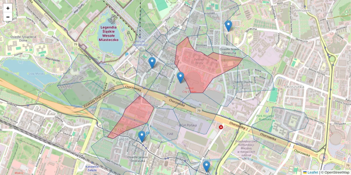 Szczegółowa mapa kodu pocztowego 40-115 z granicami, sąsiednimi kodami pocztowymi i urzędami pocztowymi