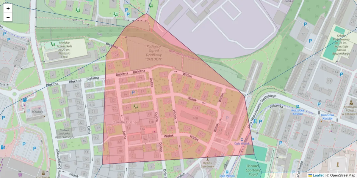 Szczegółowa mapa kodu pocztowego 40-119 z granicami, sąsiednimi kodami pocztowymi i urzędami pocztowymi