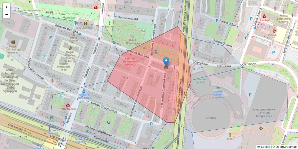Szczegółowa mapa kodu pocztowego 40-125 z granicami, sąsiednimi kodami pocztowymi i urzędami pocztowymi
