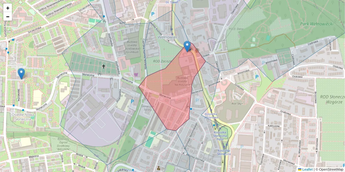 Szczegółowa mapa kodu pocztowego 40-135 z granicami, sąsiednimi kodami pocztowymi i urzędami pocztowymi