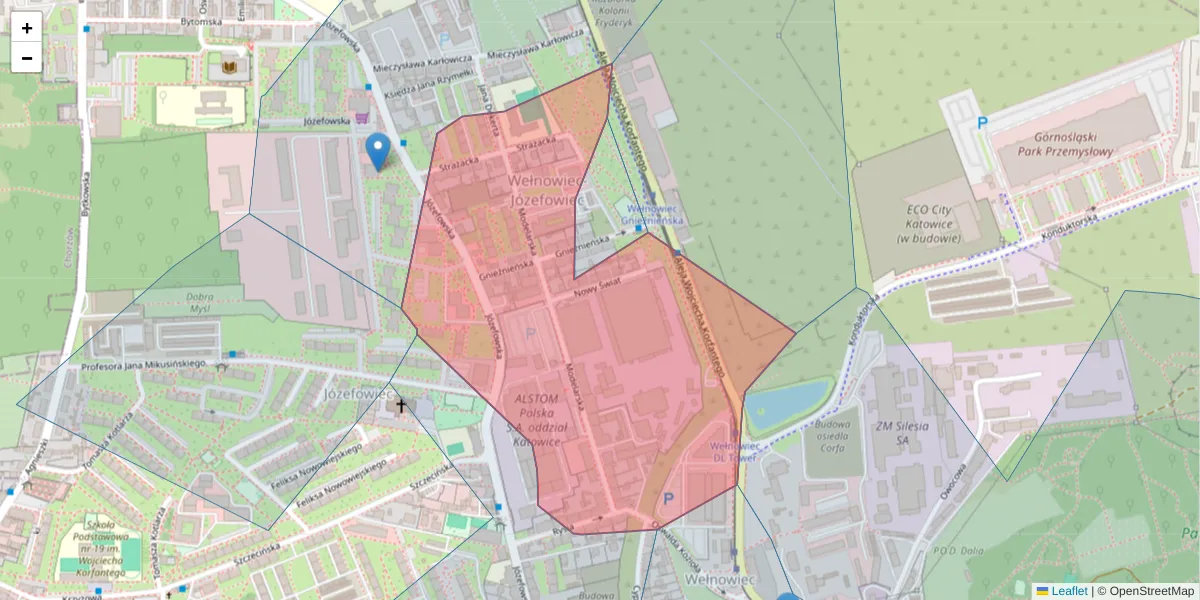 Szczegółowa mapa kodu pocztowego 40-142 z granicami, sąsiednimi kodami pocztowymi i urzędami pocztowymi