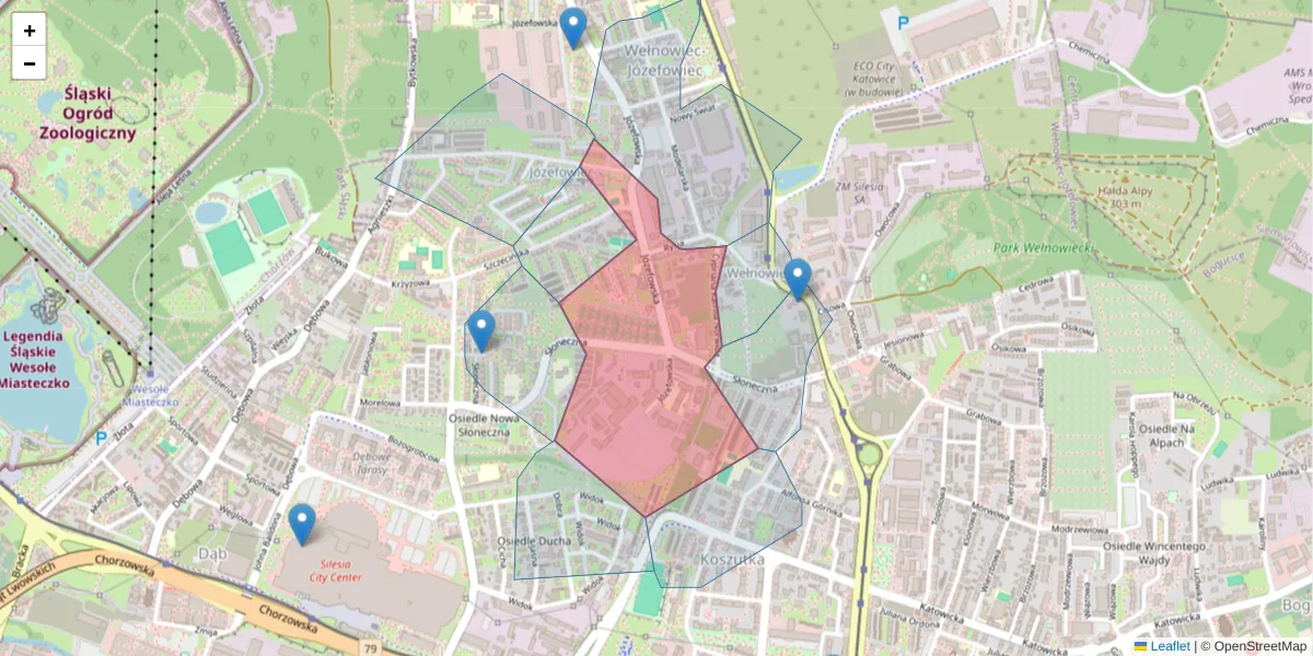 Szczegółowa mapa kodu pocztowego 40-144 z granicami, sąsiednimi kodami pocztowymi i urzędami pocztowymi