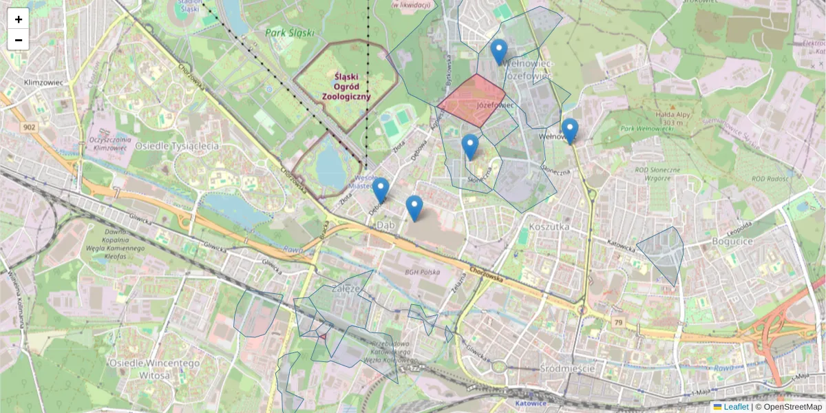 Szczegółowa mapa kodu pocztowego 40-146 z granicami, sąsiednimi kodami pocztowymi i urzędami pocztowymi