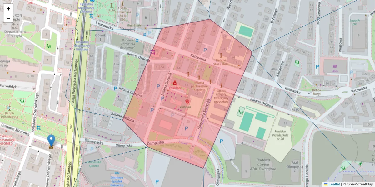 Szczegółowa mapa kodu pocztowego 40-164 z granicami, sąsiednimi kodami pocztowymi i urzędami pocztowymi