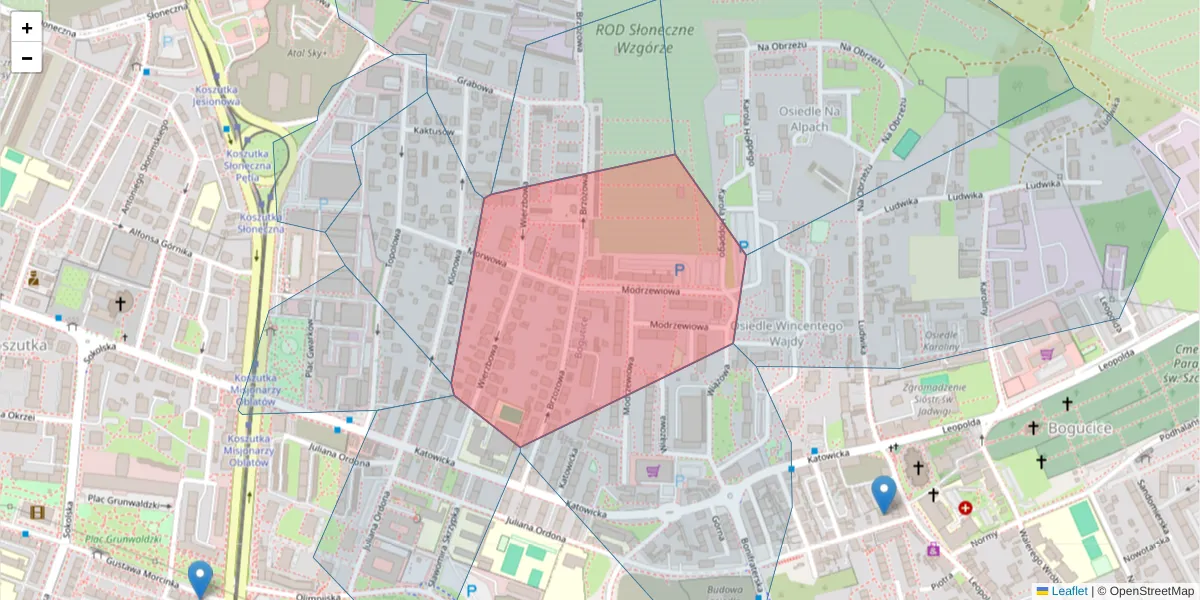 Szczegółowa mapa kodu pocztowego 40-170 z granicami, sąsiednimi kodami pocztowymi i urzędami pocztowymi