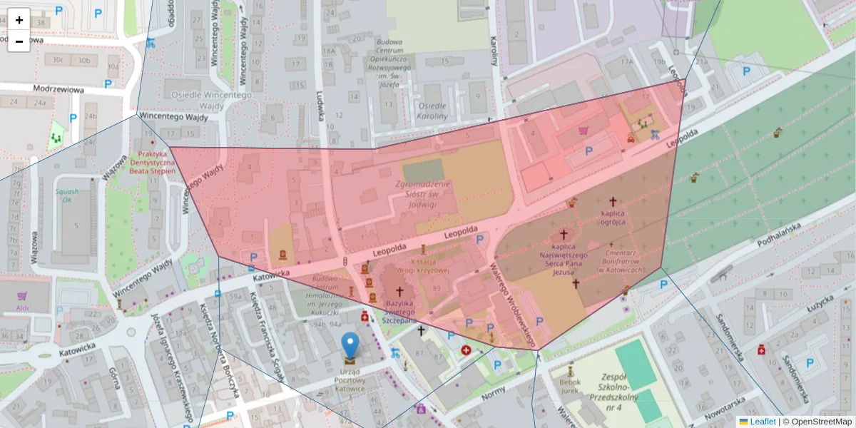 Szczegółowa mapa kodu pocztowego 40-189 z granicami, sąsiednimi kodami pocztowymi i urzędami pocztowymi