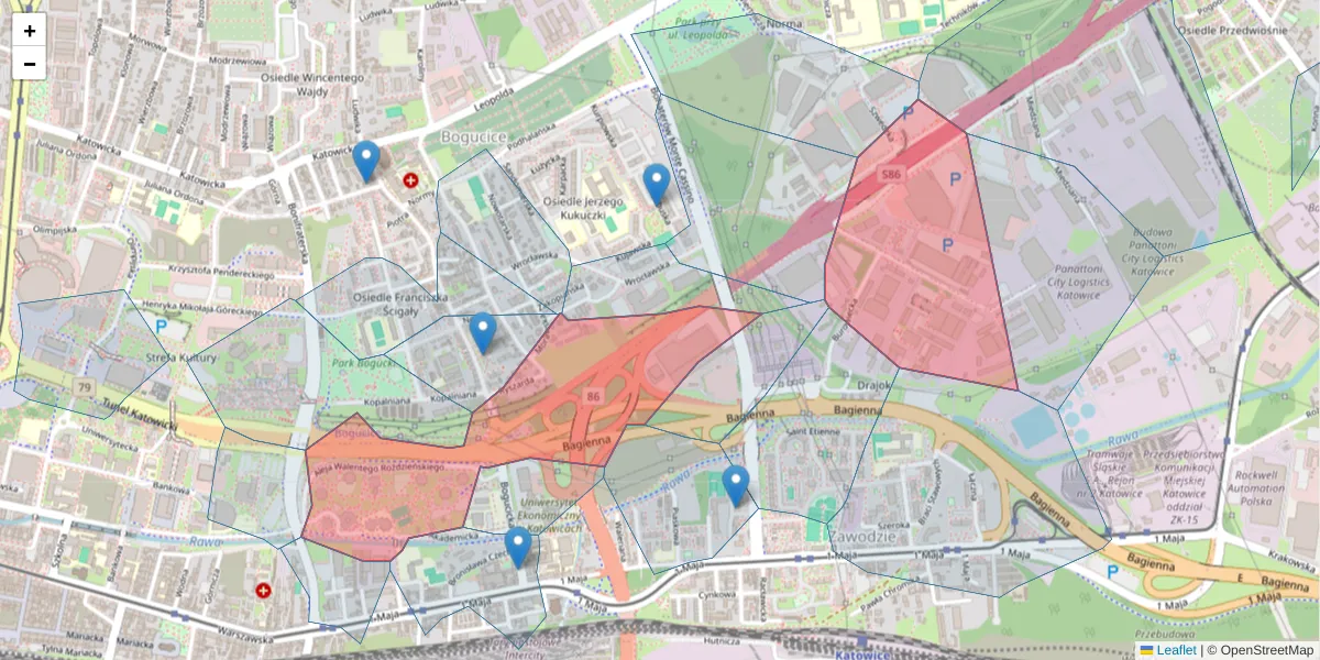 Szczegółowa mapa kodu pocztowego 40-203 z granicami, sąsiednimi kodami pocztowymi i urzędami pocztowymi