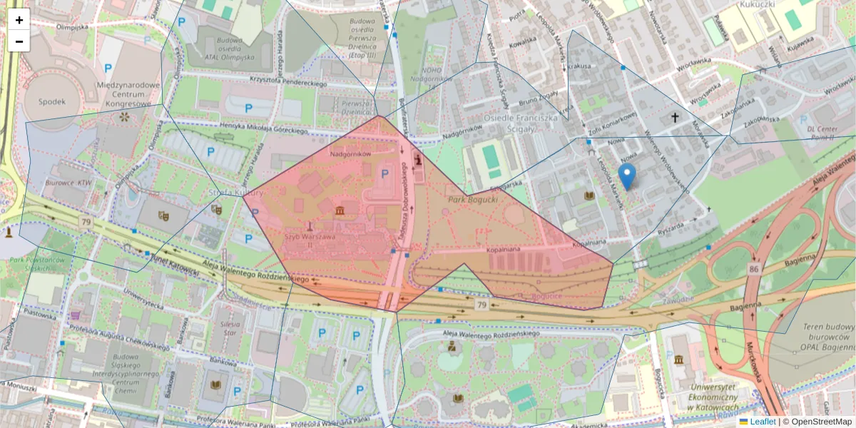 Szczegółowa mapa kodu pocztowego 40-205 z granicami, sąsiednimi kodami pocztowymi i urzędami pocztowymi