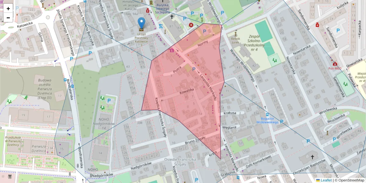 Szczegółowa mapa kodu pocztowego 40-211 z granicami, sąsiednimi kodami pocztowymi i urzędami pocztowymi