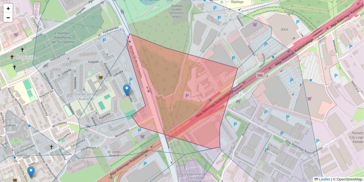 Szczegółowa mapa kodu pocztowego 40-217 z granicami, sąsiednimi kodami pocztowymi i urzędami pocztowymi