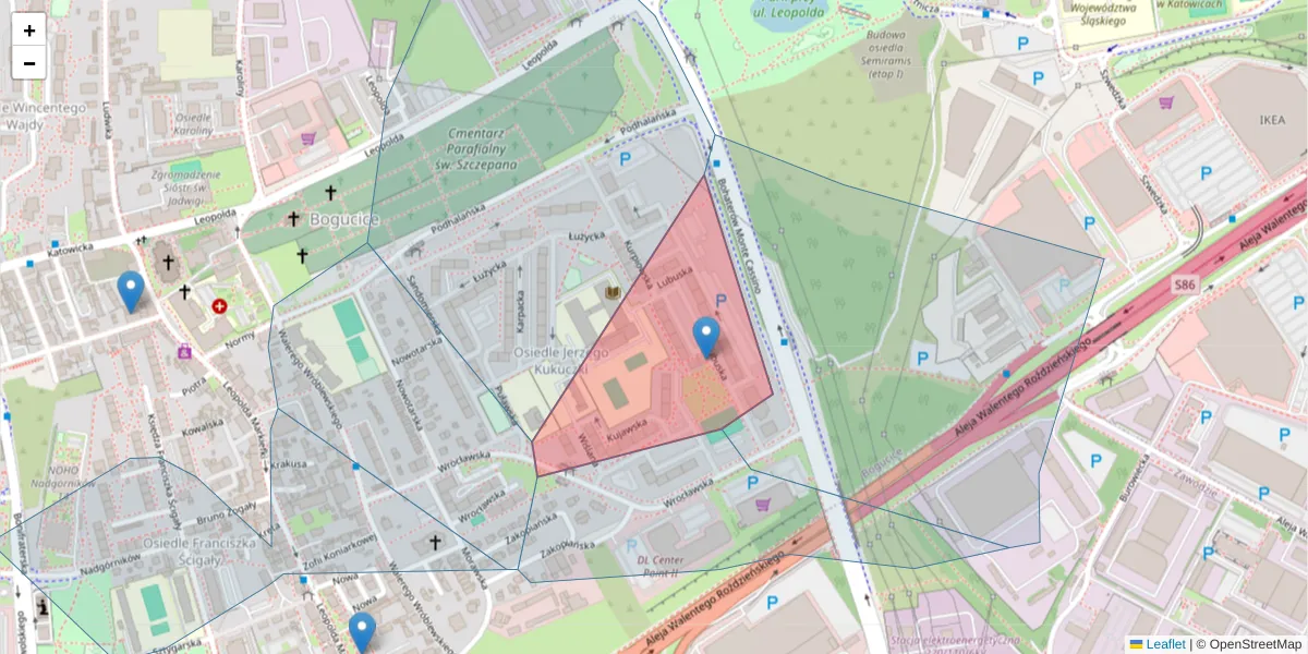 Szczegółowa mapa kodu pocztowego 40-219 z granicami, sąsiednimi kodami pocztowymi i urzędami pocztowymi