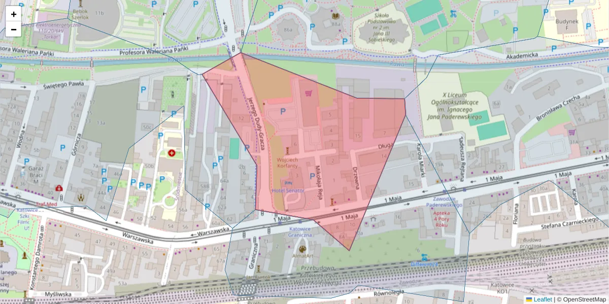 Szczegółowa mapa kodu pocztowego 40-224 z granicami, sąsiednimi kodami pocztowymi i urzędami pocztowymi