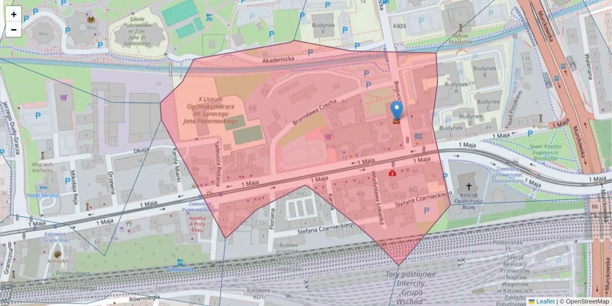 Szczegółowa mapa kodu pocztowego 40-225 z granicami, sąsiednimi kodami pocztowymi i urzędami pocztowymi