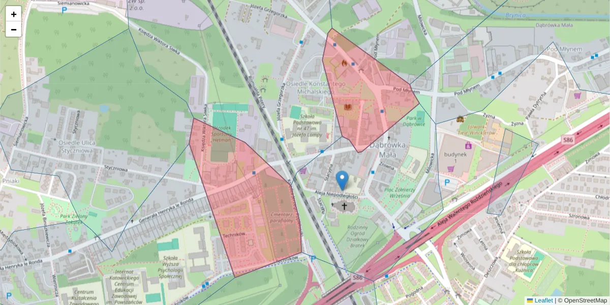 Szczegółowa mapa kodu pocztowego 40-303 z granicami, sąsiednimi kodami pocztowymi i urzędami pocztowymi