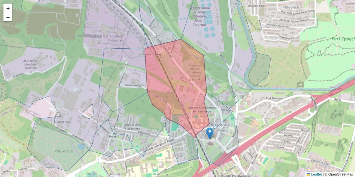 Szczegółowa mapa kodu pocztowego 40-309 z granicami, sąsiednimi kodami pocztowymi i urzędami pocztowymi