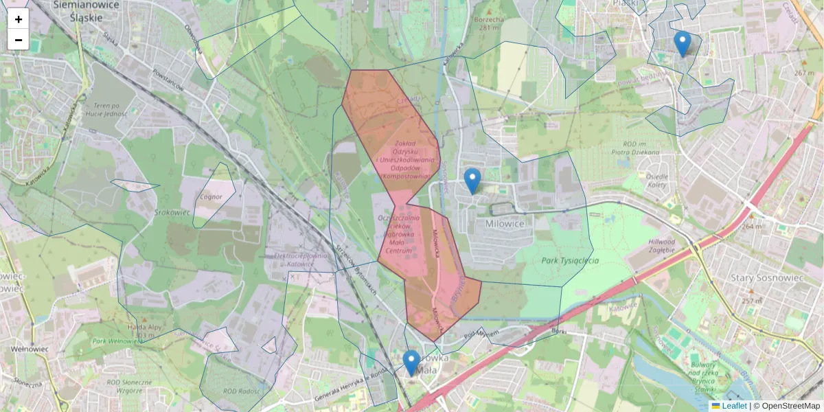Szczegółowa mapa kodu pocztowego 40-312 z granicami, sąsiednimi kodami pocztowymi i urzędami pocztowymi