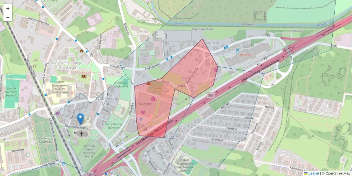 Szczegółowa mapa kodu pocztowego 40-317 z granicami, sąsiednimi kodami pocztowymi i urzędami pocztowymi