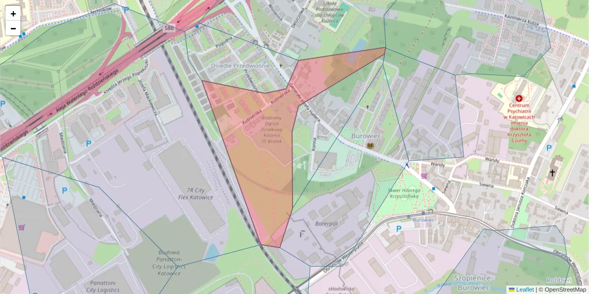 Szczegółowa mapa kodu pocztowego 40-320 z granicami, sąsiednimi kodami pocztowymi i urzędami pocztowymi