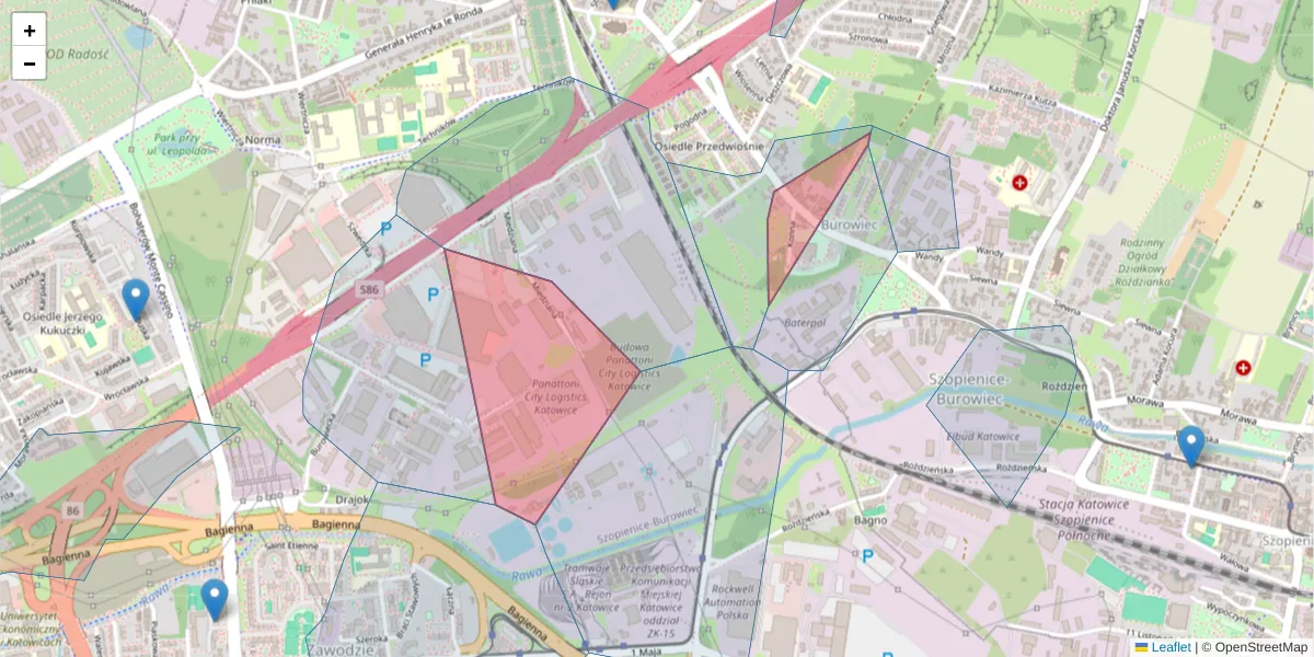 Szczegółowa mapa kodu pocztowego 40-321 z granicami, sąsiednimi kodami pocztowymi i urzędami pocztowymi