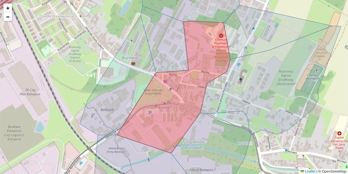 Szczegółowa mapa kodu pocztowego 40-322 z granicami, sąsiednimi kodami pocztowymi i urzędami pocztowymi